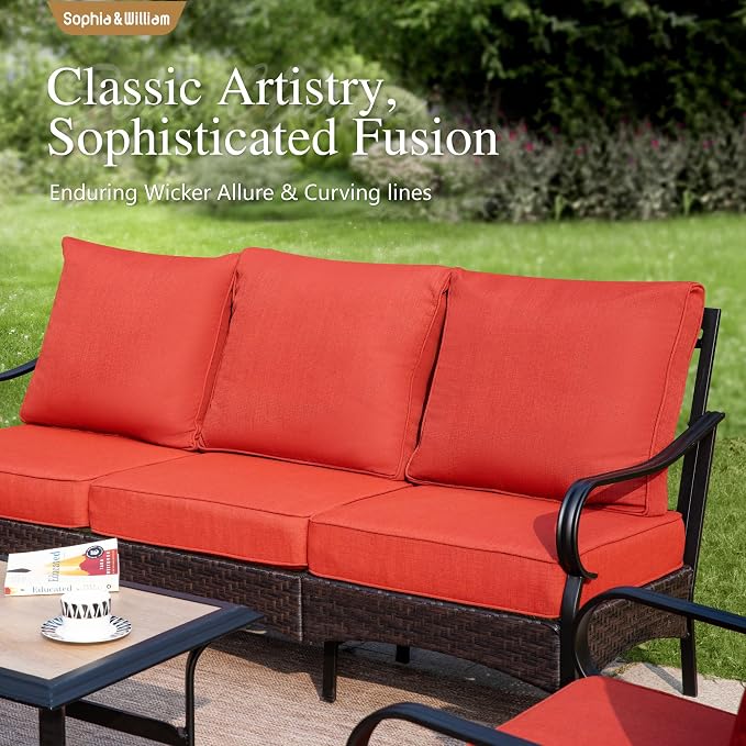 Sophia & William Patio Furniture Set with Fire Pit Table, 5 PCS Metal Outdoor Conversation Set with Fire Pit Table, 2 Sofa Chairs,1 Loveseat, 3-Seater Couch for Outdoor Seating, Backyard, Porch(Red)