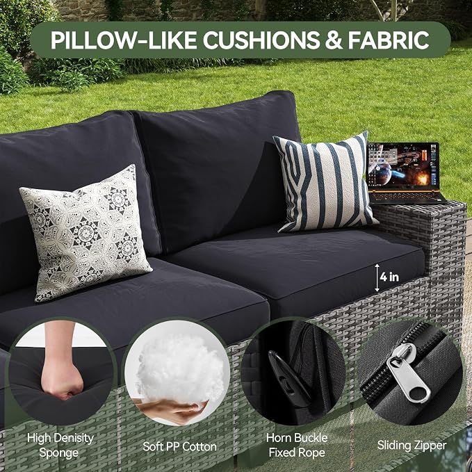 Aoxun Patio Furniture Set, 6 Pcs Outdoor Patio Furniture Sets with 4in Thicken Cushion, Widen Armrests Wicker Outdoor Sectional for Backyard