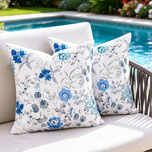 Waterproof Outdoor Pillow Covers 20x20 Inch Summer Floral Decorative Throw Pillow Covers Blue Square Garden Cushion Sham Pillowcase Set of 2 Outside Accent Pillowcase for Patio Sofa Tent Garden Decor