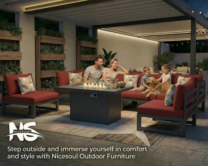 NICESOUL 11 Pcs Aluminum Patio Sectional Furniture Set with Lounge & Fire Pit Table, 500 lbs Heavy Duty Anti-Rust Outdoor Couch, 29" Deep Wide Seat, High End Conversation Sofa for Poolside, Burgundy