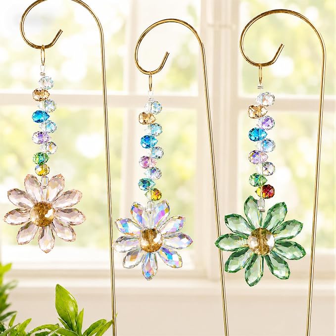 6 Pcs Colorful Crystal Sunflower Suncatcher Garden Stake with Trellis Decor | Crystal Sunflower Sun Catchers Garden Stake with Golden Small Trellis plant Decorations for Pots Patio Lawn Yard Home