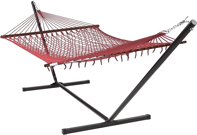 Island Escape Rope Hammock and Stand Set (Mocha Stand and Red Hammock)