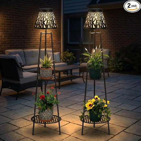 2 Pack Solar Floor Lamps Outdoor with 2-Tier Plant Stand, Metal Tall Planter Holder with Waterproof LED Lantern, Decorative Patio Light & Flower Pot Display Rack for Garden, Deck, Porch, Balcony