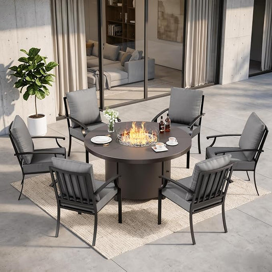 7 Pieces Outdoor Patio Furniture Set with 48" 55000 BTU Round Propane Fire Pit Table,Patio Dining Set Outdoor Conversation Sets 6 Chairs for Deck,Backyard and Garden,Grey
