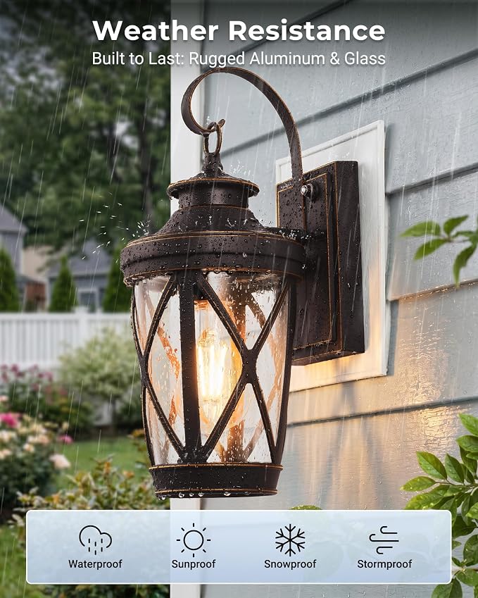 VIANIS 2-Pack Bronze Porch Lights Outdoor with Gold Trim, Dusk to Dawn Exterior Lighting Fixtures, Modern Outdoor Wall Lantern with Drop Shade, Waterproof Exterior Wall Light for Garage, Hallway Patio