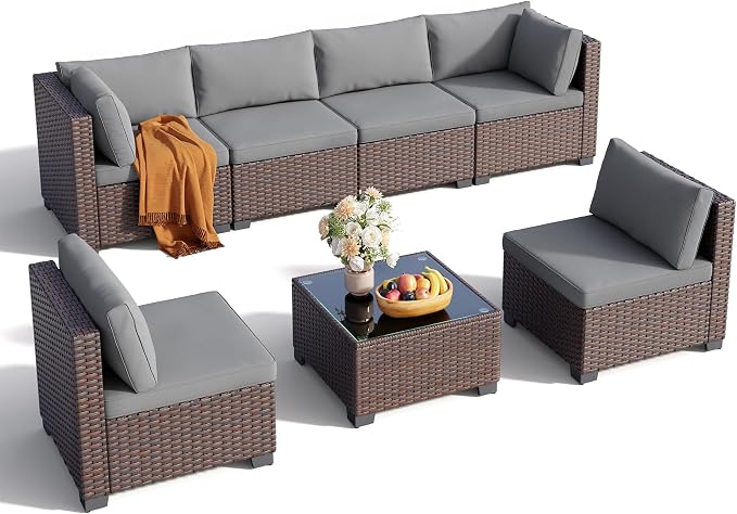 Qsun 7 Pieces Outdoor Patio Furniture Set, PE Rattan Outdoor Wicker Sectional Furniture Sofa Set, with Cushions and Glass Coffee Table, for Balcony, Porch, Garden, Grey