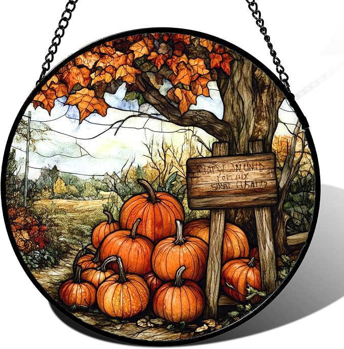 DASTOLL Stained Glass Window Hanging Fall Farm Scenery Maple Trees Pumpkin Large 11.8" - Suncatcher Door Garden Kitchen Sun Catcher Autumn Decor Birthday for Mom Nana Men Woman Friend