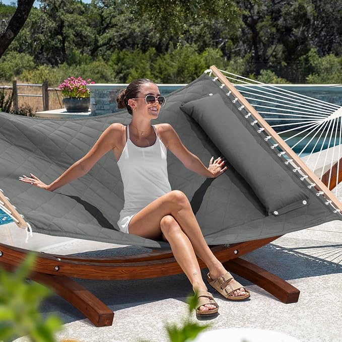 ANOW 13.5FT Curved Wood Stand with Portable Hammock, Heavy Duty Larch Wood Arc Stand with 2 Chains, 4 Balance Ropes and 4 Carabiners, Includes Gray Hammock with Spreader Bars