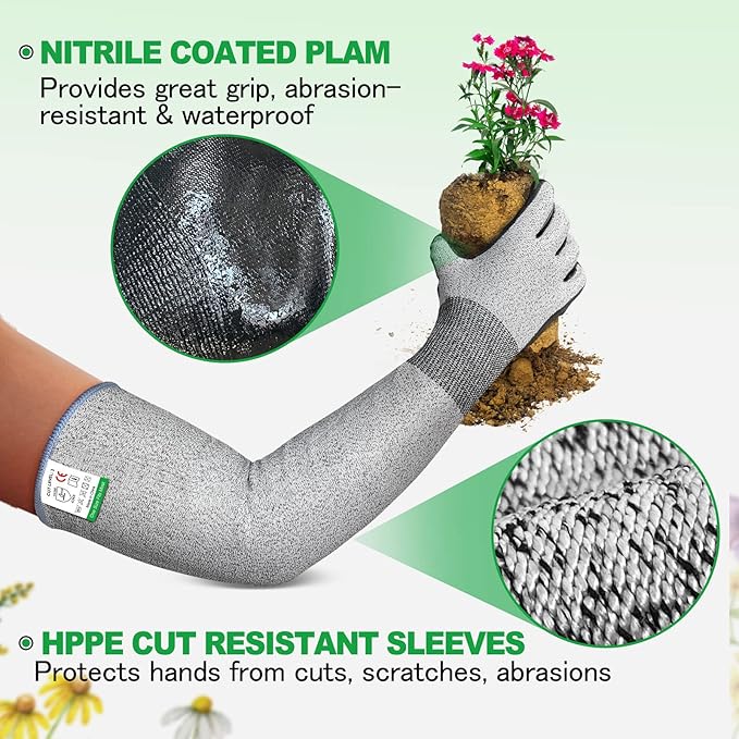 Evridwear Long Sleeve Gardening Gloves for Women & Men | Cut Resistant,Nitrile Coated,Anti-slip,Full Arm Protective Gloves for Poison Ivy,Thorn Proof,Gardening,Farming