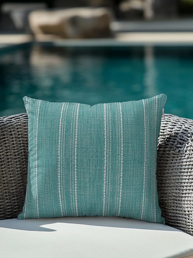 Waterproof Outdoor Pillow 1 Pack Teal Linen Stripes Decorative Throw Pillows Cover & Insert 16x16 Inch Pillowcase Parallel Vertical Lines Pillows for Couch Sofa Bed Patio Furniture Indoor Outdoor