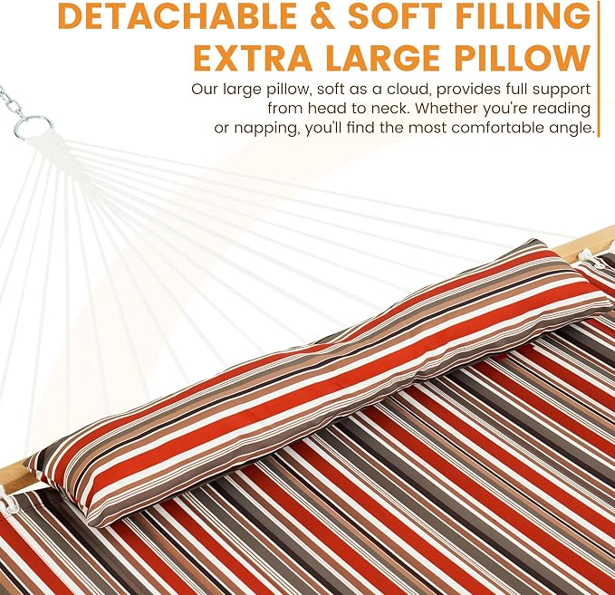 Lazy Daze Hammocks 12 FT Quilted Fabric Double Hammock with Spreader Bars and Detachable Pillow, 450lbs Weight Capacity, Red Brown