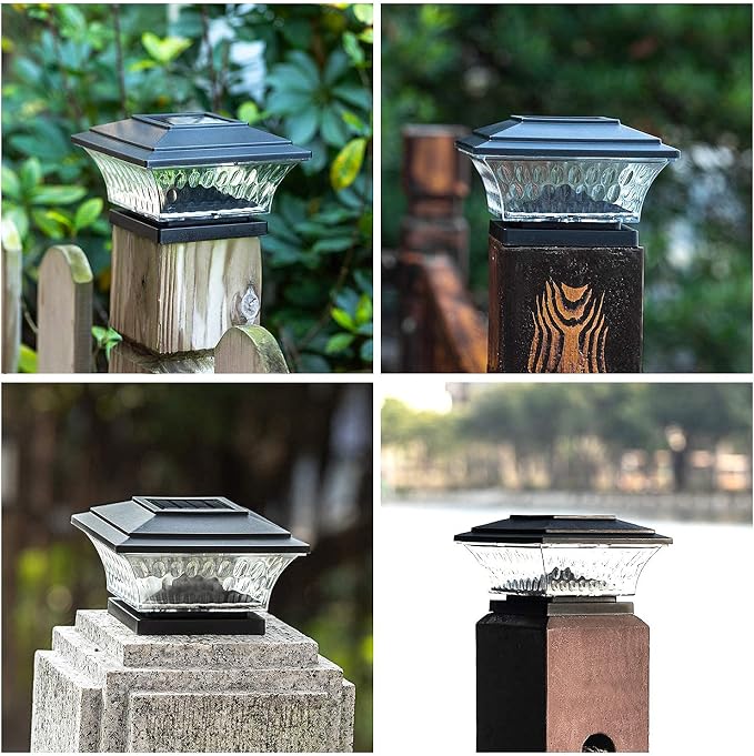 HUYIENO Solar Post Cap Lights Outdoor LED Lighting Deck Fence Cap Light Two Light Modes Warm White/Bright White Suitable for 4x4 Wooden Posts Black 4PK