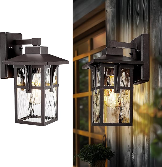 Outdoor Wall Light Fixture, HWH 12.4 Inch Outdoor Light for House with Water Ripple Glass, Exterior Lighting Fixture in Oil-Rubbed Bronze Finish, 5HX62B ORB SW