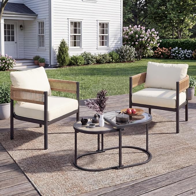 Grand patio 4-Piece Outdoor Conversation Set with 2 Single Chairs and 2 Patio Coffee Tables, Wicker Furniture Set, Natural