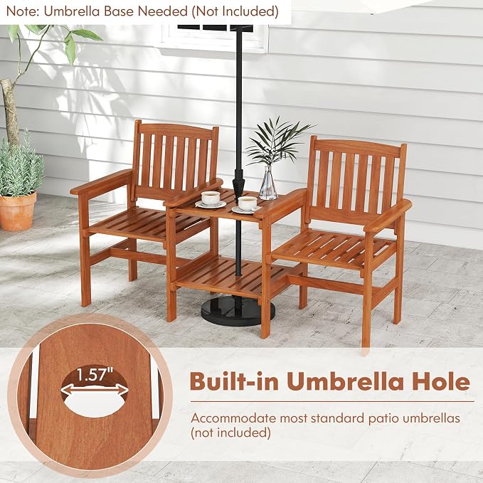 Tangkual Outdoor Wood Bench Loveseat with Built-in Table with1.57 Umbrella Hole, 2-Seater Outdoor Patio Furniture Set for Porch, Deck, Garden and Backyard