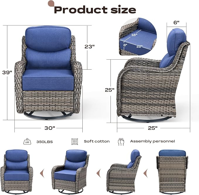 Rilyson Outdoor Swivel Rocker Chairs - All Weather Resistant Wicker Patio Furniture Set of 4 with High Back and 6 inch Thick Cushions for Deck Porch Yard and Poolside, Mixed Grey/Blue