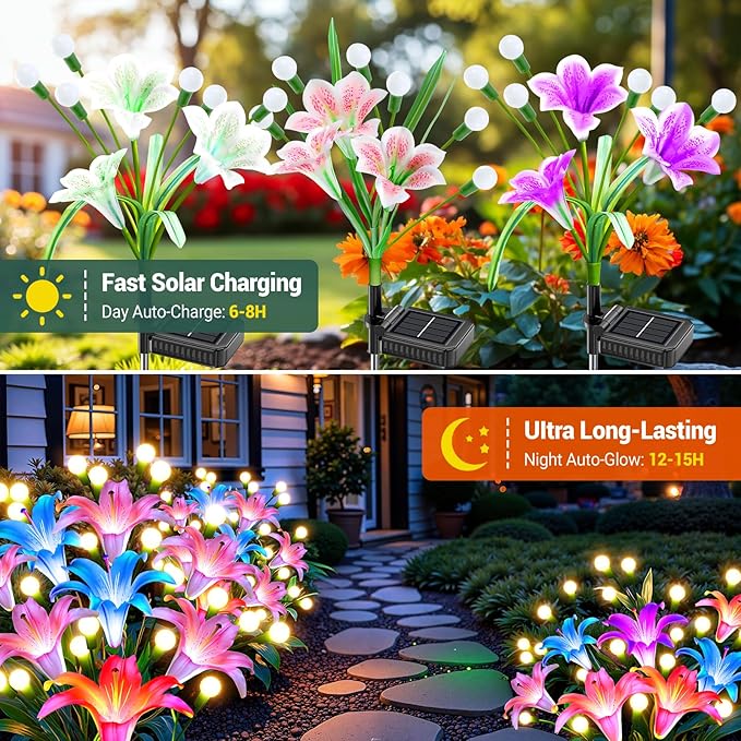 WdtPro Upgraded Solar Lights Outdoor Garden Decor: 8 Pack Solar Firefly Swaying Light with Color Changing LED Lily, Waterproof Decorative Flowers for Yard Patio Pathway Lawn, Gardening Gifts for Women