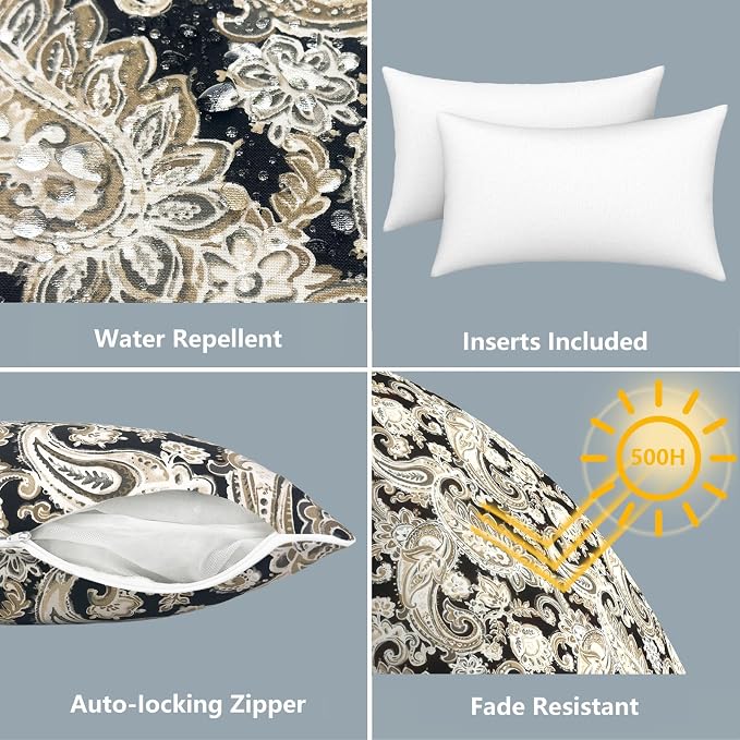 LVTXIII Set of 2 Outdoor Lumbar Pillows for Patio Furniture with White Piping, 12"x20" Fade Resistant Patio Lumbar Pillows with Inserts for Home Coach Sofa Use, Paisley Black
