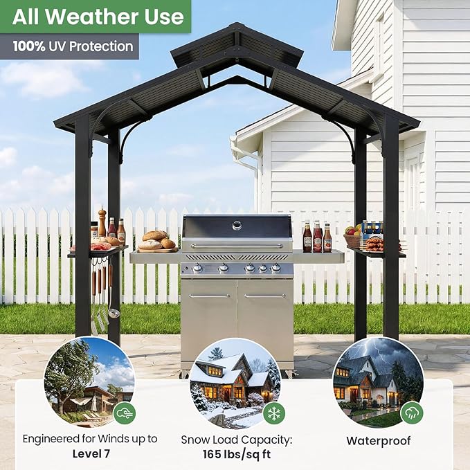 Jocoveol 8 x 5FT Hardtop Grill Gazebo, Outdoor BBQ Gazebo w/Galvanized Steel Double Roof, Metal Grill Canopy w/2 Side Shelves & Hooks, Barbeque Shelter Canopy w/Ceiling Hook for Patio Backyard Garden