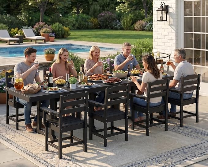 10 Piece Outdoor Dining Set All Weather HDPE Patio Table and Chairs Set for 8 with Umbrella Hole Outdoor Furniture for Deck, Backyard, Garden (Black)