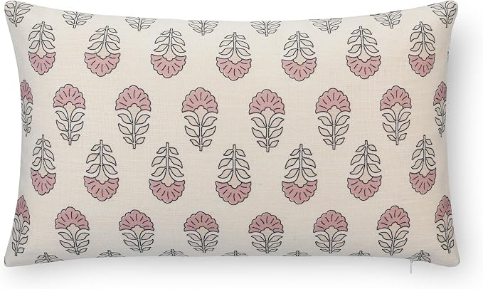 Crumbs Home Modern Farmhouse California Casual Indoor Outdoor Lumbar Pillow Cover, 12"x20" Water Repellent for Patio, Backyard, Couch, Poolside, Earth Tone Dark Rose Ivory Cream Block Print Flowers