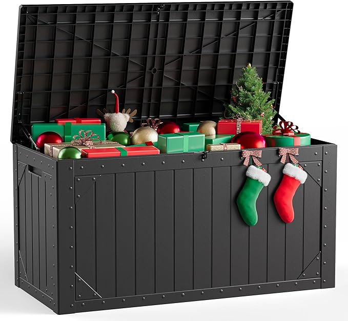 Outdoor Storage Box, 98 Gallon Deck Box, Outdoor Storage Bench, Waterproof Resin Storage Bench with Lockable Lid, Patio Furniture Cushions & Garden Tools Storage, UV Resistant (Black)