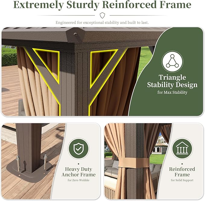 Aoxun 12'x10' Hardtop Gazebo with 4 LED Lights, Outdoor Gazebo with Galvanized Steel Double Roof, Patio Gazebo with Breathable Netting & Privacy Curtain, Decor Hooks for Backyard, Brown