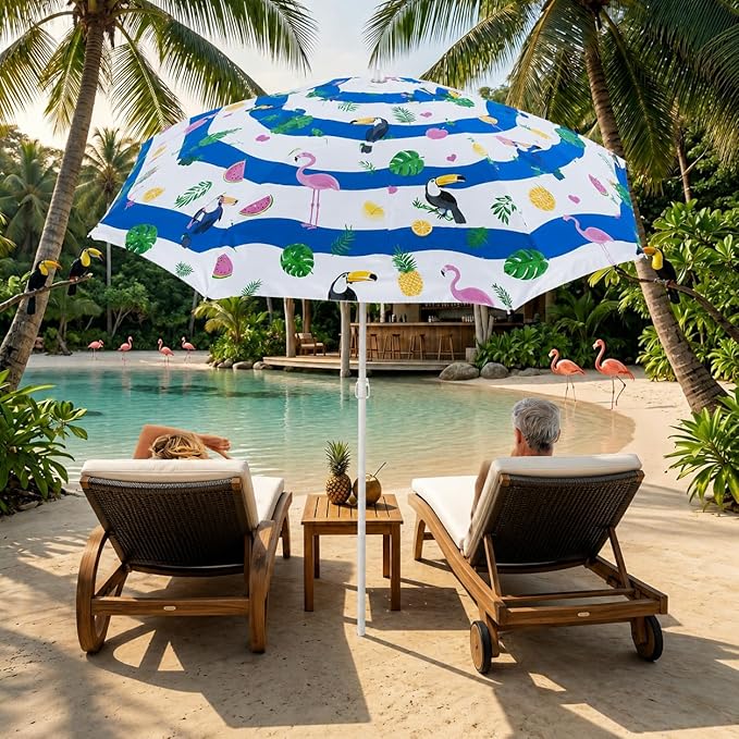 PMU 24 Pcs 6ft Tropical Beach Umbrella – Blue & White Stripes with Flamingo, Toucan & Leaf Print, 72in Open, 160G Polyester, Large Outdoor Patio Pool Parasol Umbrella for Garden, Deck, Backyard & Pool