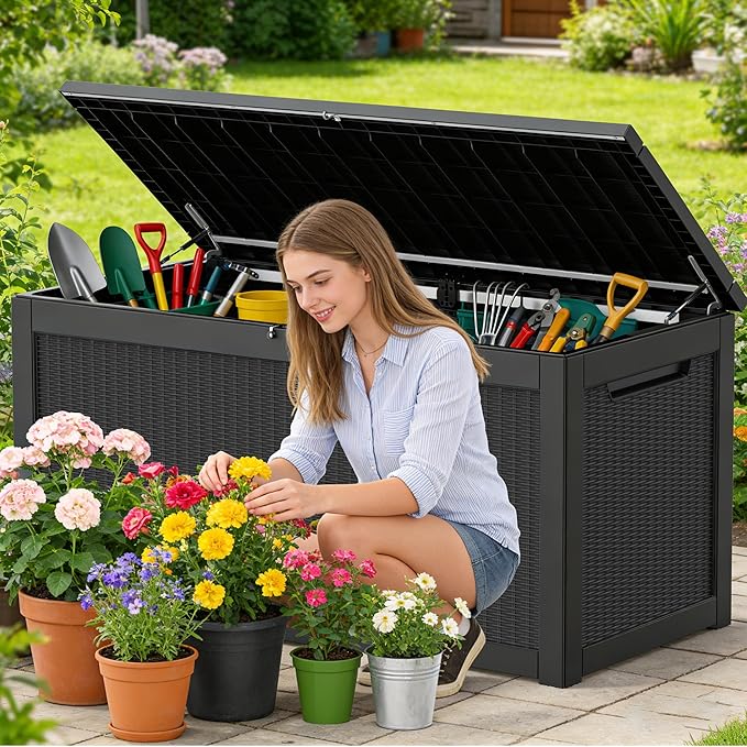 320 Gallon Outdoor Storage Box Resin Deck Box All Weather Waterproof Large Lockable Storage Container Deck Box for Patio Furniture, Garden Tools, Lockable, Black