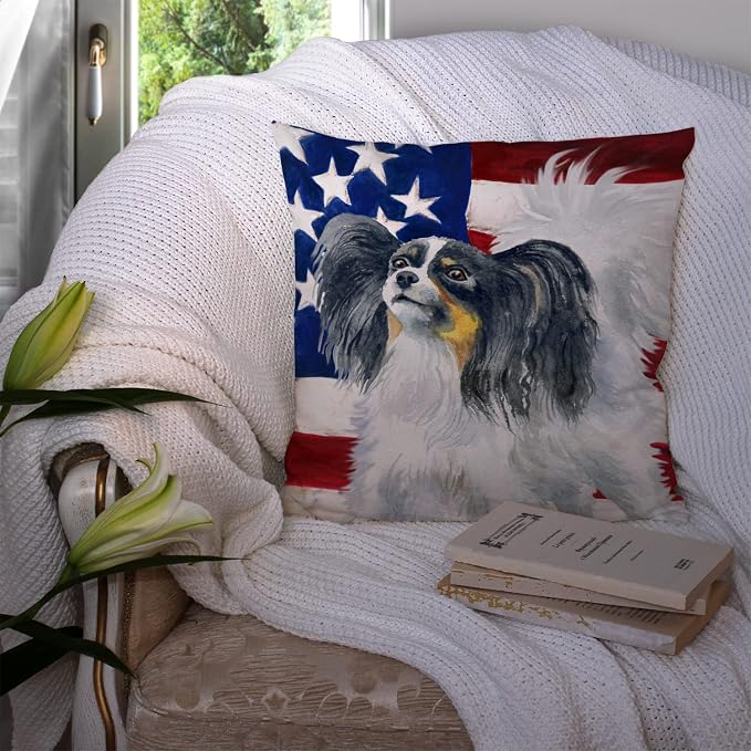 Caroline's Treasures BB9657PW1414 Papillon Patriotic Fabric Decorative Pillow Machine Washable, Indoor Outdoor Decorative Pillow for Couch, Bed or Patio, 14Hx14W