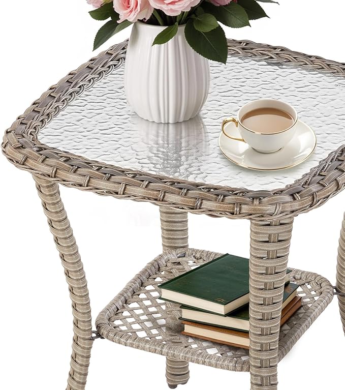 Patio Tables Wicker Side Table, Square Rattan Coffee End Table Outdoor with Storage, Tempered Glass Top Patio Side Tables for Deck Porch Sunroom Backyard