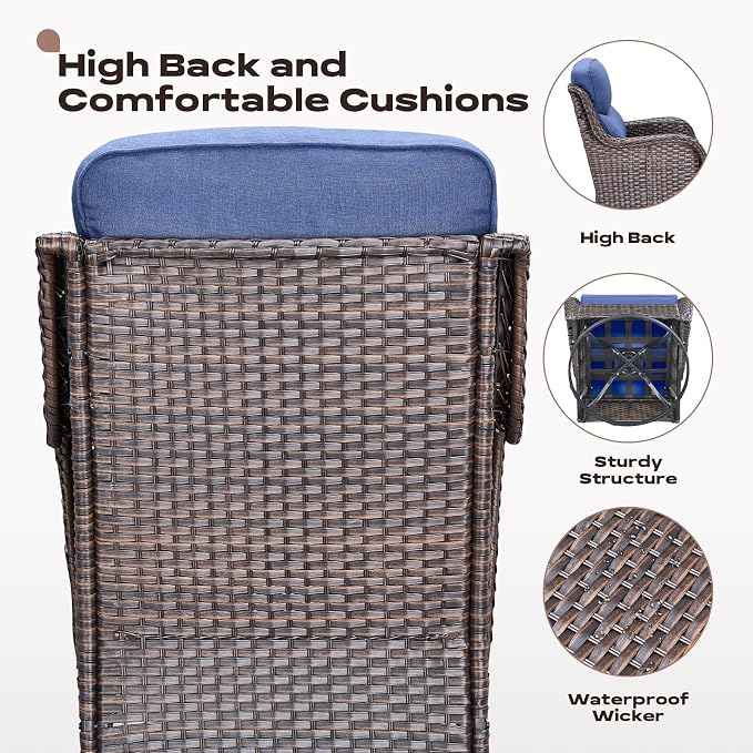 Rilyson Outdoor Patio Furniture Set - Weather Resistant Wicker,High Back,6 inch Cushions,4 Piece Patio Furniture Set with Swivel Rocker Chairs and Ottomans for Deck Porch Yard,Brown/Blue
