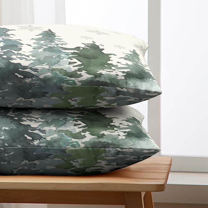 Watercolor Pine Tree Lumbar Pillow Covers 12x20 Winter Rustic Nature Forest Rectangle Pillow Covers Set of 2 Green Forest Woodland Cotton Linen Cushion Case for Couch Outdoor Living Room