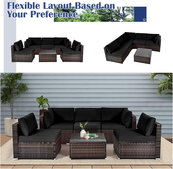 DORTALA 6 Pieces Patio Furniture Set, Outdoor Wicker Conversation Set with Glass Coffee Table, Wicker Sofa Set with Back & Seat Cushions, Rattan Sectional Conversation Couch Set, Black