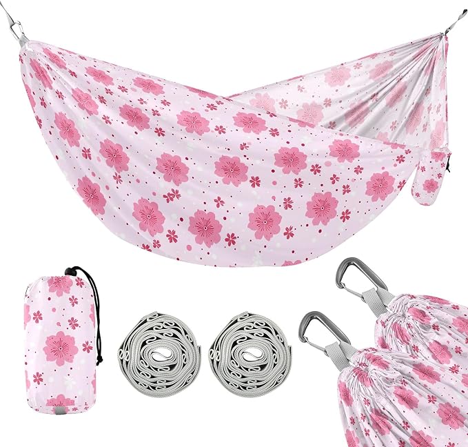 Camping Hammock Outdoor Hammocks for Outside Cherry Blossoms Cute Beach Trees Portable Lightweight with Pockets Tree Straps Indoor