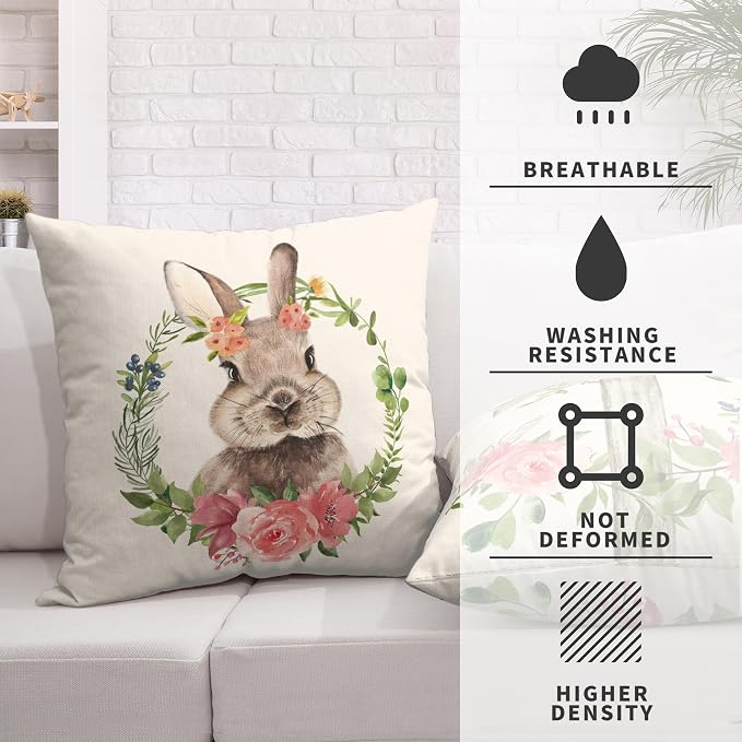 Set of 2 Bunny Rabbit Flowers Throw Pillow Case 22x22 Easter Cross Floral Pillow Protectors Spring Cotton Linen Decorative Cushion Case for Living Room Couch Patio