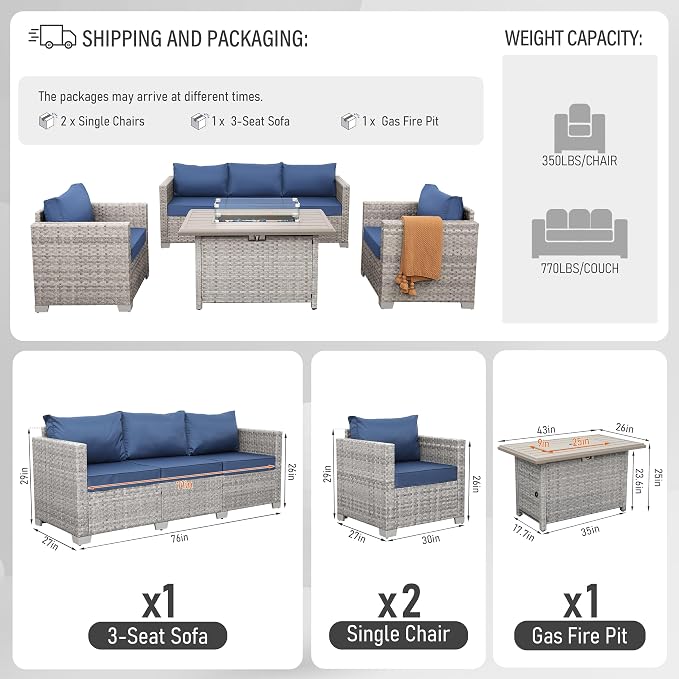 WAROOM Patio Furniture Set 4 Piece Outdoor Wicker Conversation Sets PE Rattan Couch Sectional Sofa with Fire Pit Table, Navy Blue Cushion