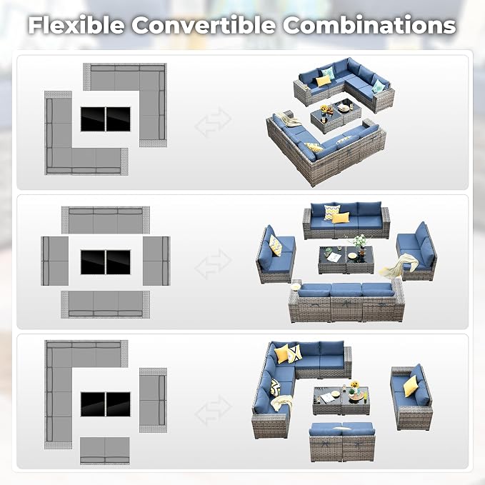 ovios 12 Pieces Patio Furniture Set, Outdoor Wicker Sectional Sofa with Coffee Table Comfy Cushions, Modern Modular Deep Seat Couch Rattan Conversation Set, Denim Blue