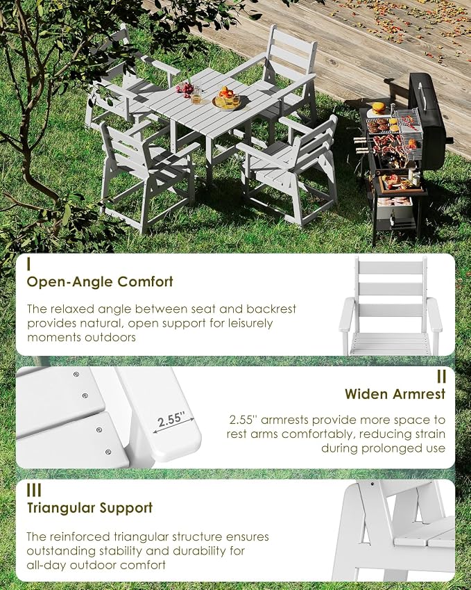 GREENVINES Patio-Chair | Outdoor Dining Chairs Set of 2 | HDPE Plastic | Removable Armrests | All Weather | for Backyard Deck Poolside Garden | White