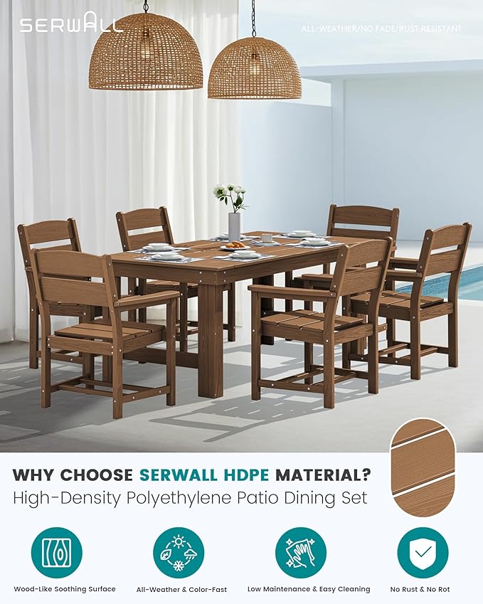 SERWALL Outdoor Dining Table Set, 67‘’ HDPE Patio Dining Set for 4, All-Weather Outdoor Table and Chairs Set for Deck, Brown