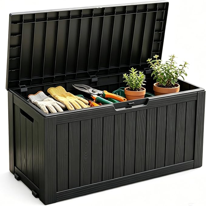 Fancyango 85 Gallon Outdoor Deck Box Waterproof, Large Storage Box for Patio, Resin Storage Bench Lockable for Garden Tools, Package Delivery,Black