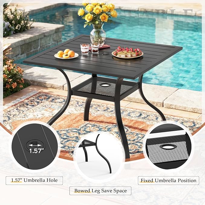 Crownland 5 Piece Patio Dining Set, Outdoor Textilene Dining Sets, 4 Textilene Metal Chairs and Square Outdoor Dining Table with Sky Blue 9FT Round Outdoor Umbrella (Brown)