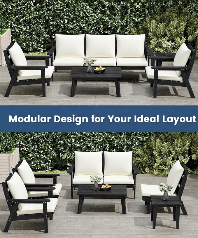 FOOWIN 4-Piece Patio Furniture Set, HDPE All-Weather Outdoor Conversation Set with Thick Cushions, Sectional Patio Sofa Furniture for Deck, Porch, Lawn, Garden, Black Frame & White Cushion