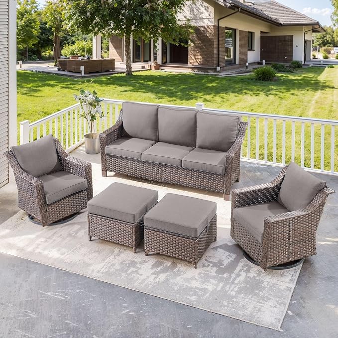 5 Pieces Patio Conversation Sets-Outdoor Furniture All Weather Wicker Couch with Swivel Glider Chair Patio Conversation Set for Porch Garden Backyard Poolside-Brown/Grey