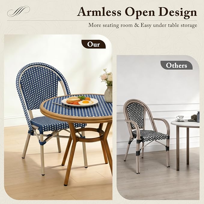 PURPLE LEAF 3-Piece French Bistro Dining Set Round Outdoor Patio Table and 2 Armless Chairs Tempered Glass Top PE Rattan Champagne Print Finish Aluminum Frame Navy Blue