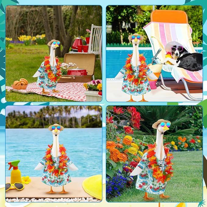 4 Pcs Hawaiian Porch Goose Outfit for 23 In Goose Statue Costume | Summer Porch Goose Outfits with Straw Hat Sunglasses and Lei, for 23 Inch Cement Goose, Luau Party Yard Garden Summer Decor