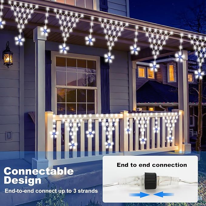 Christmas Lights Outdoor, 218 LED 13.8ft 8 Modes Curtain String Lights with 12 Drops Star, Plug-in Christmas Icicle Lights for Wedding, Party, Eaves, Xmas Yard Decorations - White