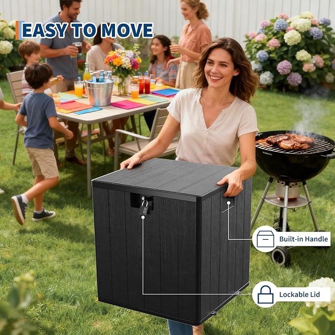 IDEALHOUSE 28 Gallon Deck Box, Waterproof Outdoor Storage Box with Lockable Lid, Heavy-Duty Resin Patio Furniture Cushion Storage Container for Garden, Backyard and Poolside, Black