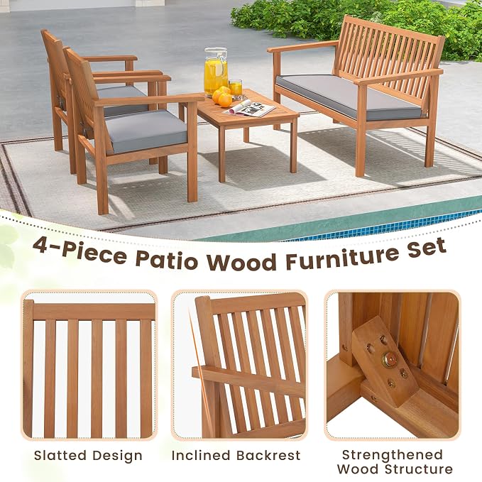 Tangkula 4 Piece Patio Wood Furniture Set, Acacia Wood Sofa Set w/Loveseat, 2 Chairs & Coffee Table, Soft Seat Cushions, Outdoor Wood Furniture Set for Porch, Yard, Balcony (Gray)