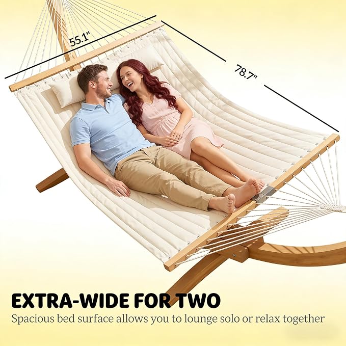 Double Hammock with Spreader Bars Cream for Outdoor Patio Garden | Quilted Polyester Extra Wide 2 Person Hammock Beechwood Spreader Bars Detachable Pillow Pocket and Hanging Kit Included